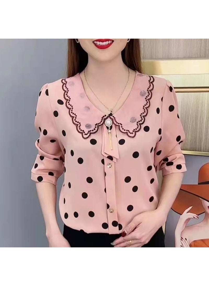 2023 Spring Summer Butterfly Collar Slimming Polka Dot Blouse for Women Pink