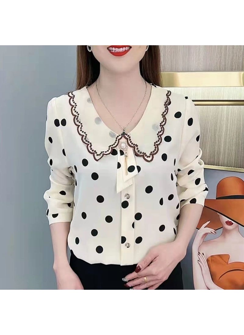 2023 Spring Summer Butterfly Collar Slimming Polka Dot Blouse for Women Pink