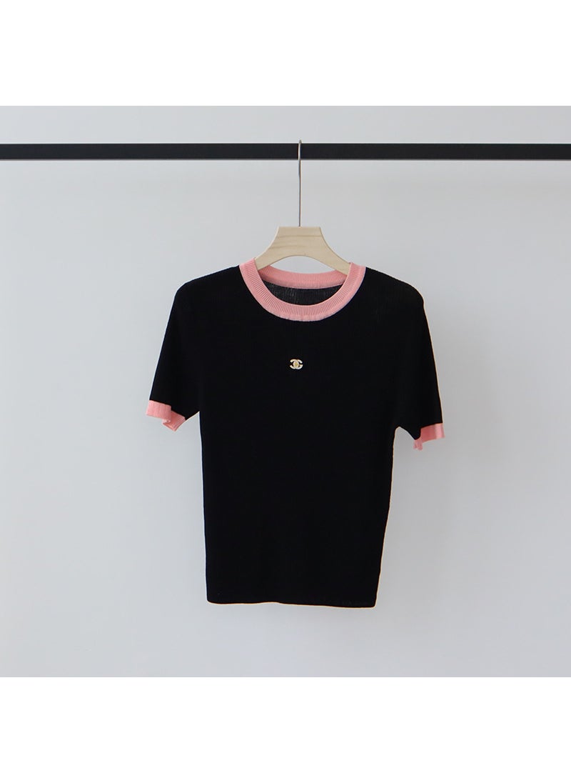 Lyocell High-End Contrast Knit Tee Slim Fit Summer Black