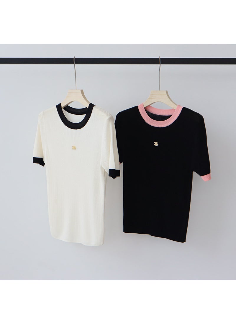 Lyocell High-End Contrast Knit Tee Slim Fit Summer Black