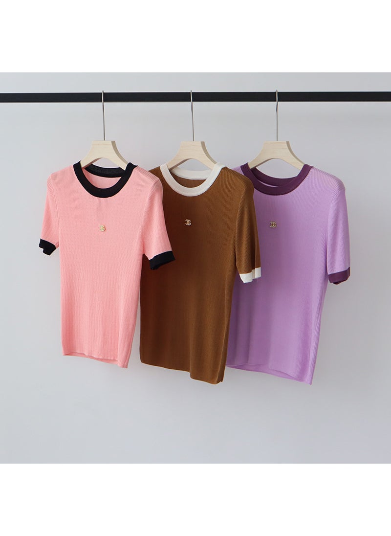 Lyocell High-End Contrast Knit Tee Slim Fit Summer Purple