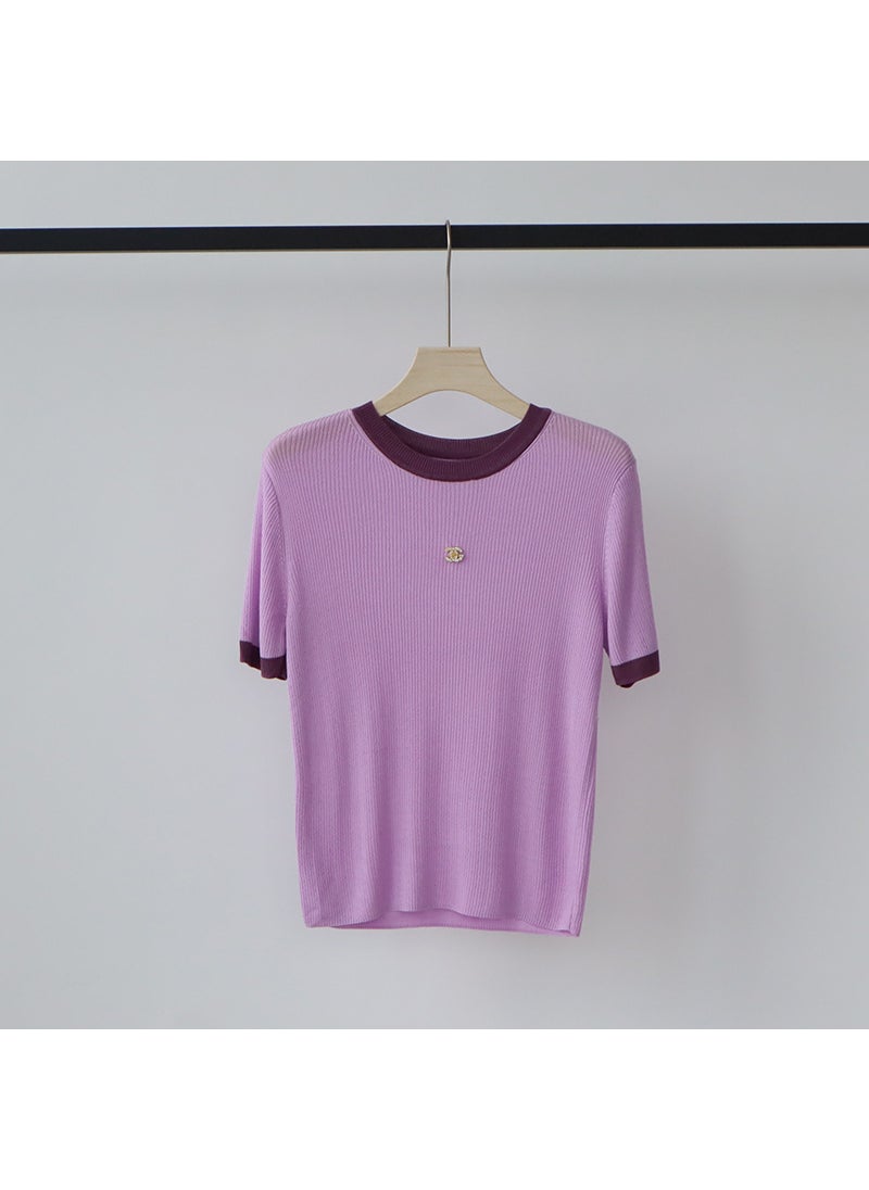 Lyocell High-End Contrast Knit Tee Slim Fit Summer Purple