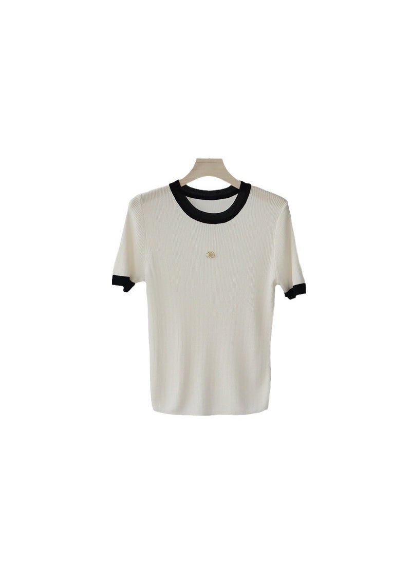 Lyocell High-End Contrast Knit Tee Slim Fit Summer Milky White