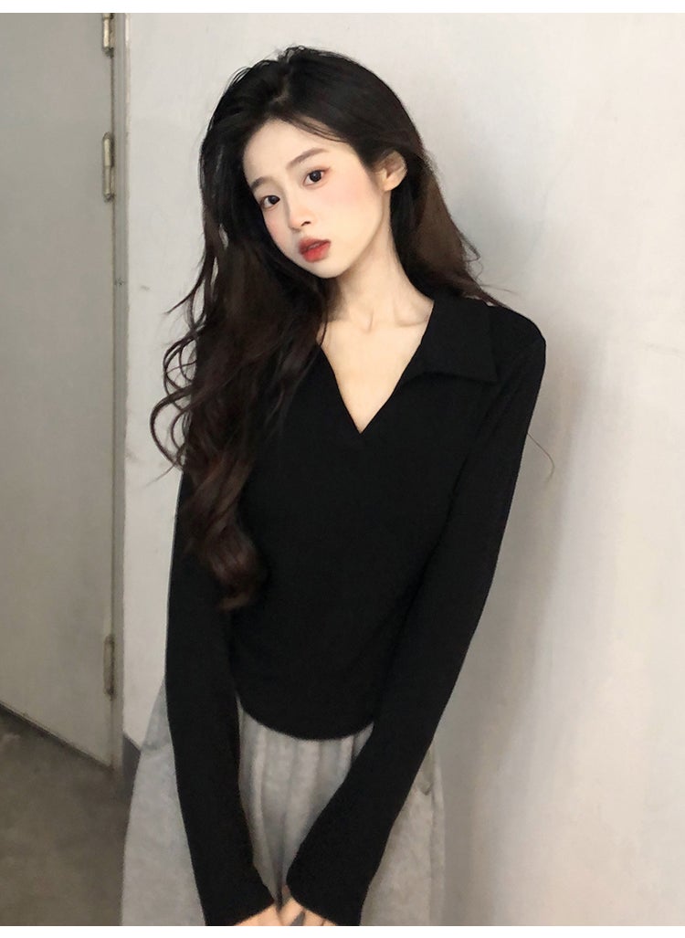 V-Neck Slim Fit Irregular Crop Top Tee Black