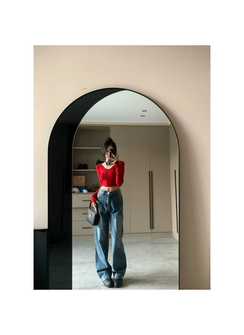 Chic V-Neck Crop Top Long-Sleeve Tee Red