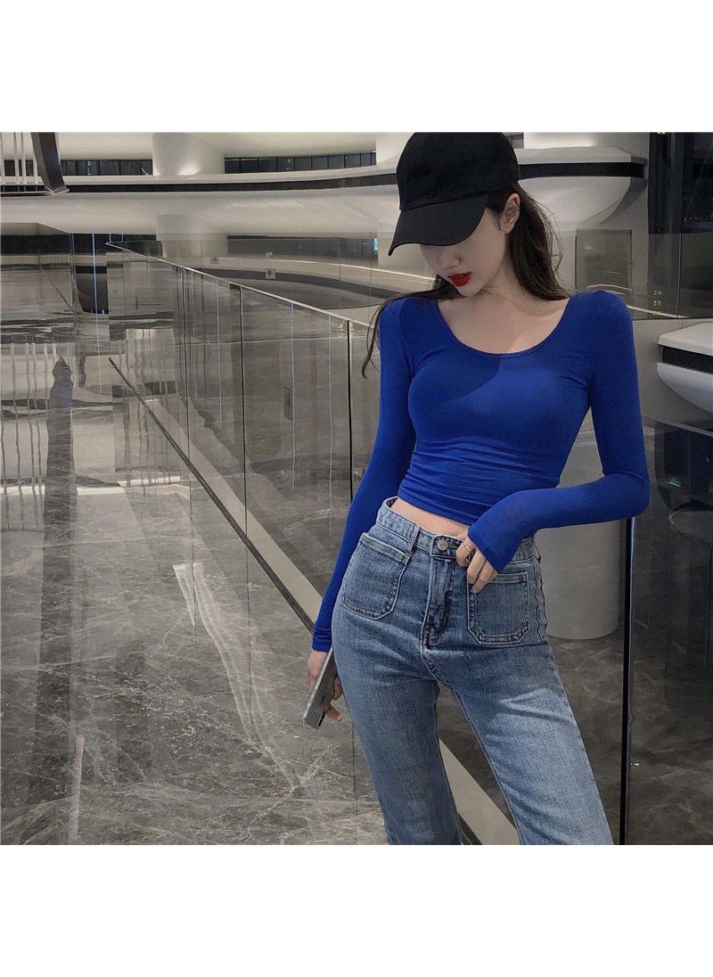 Chic V-Neck Crop Top Long-Sleeve Tee Blue