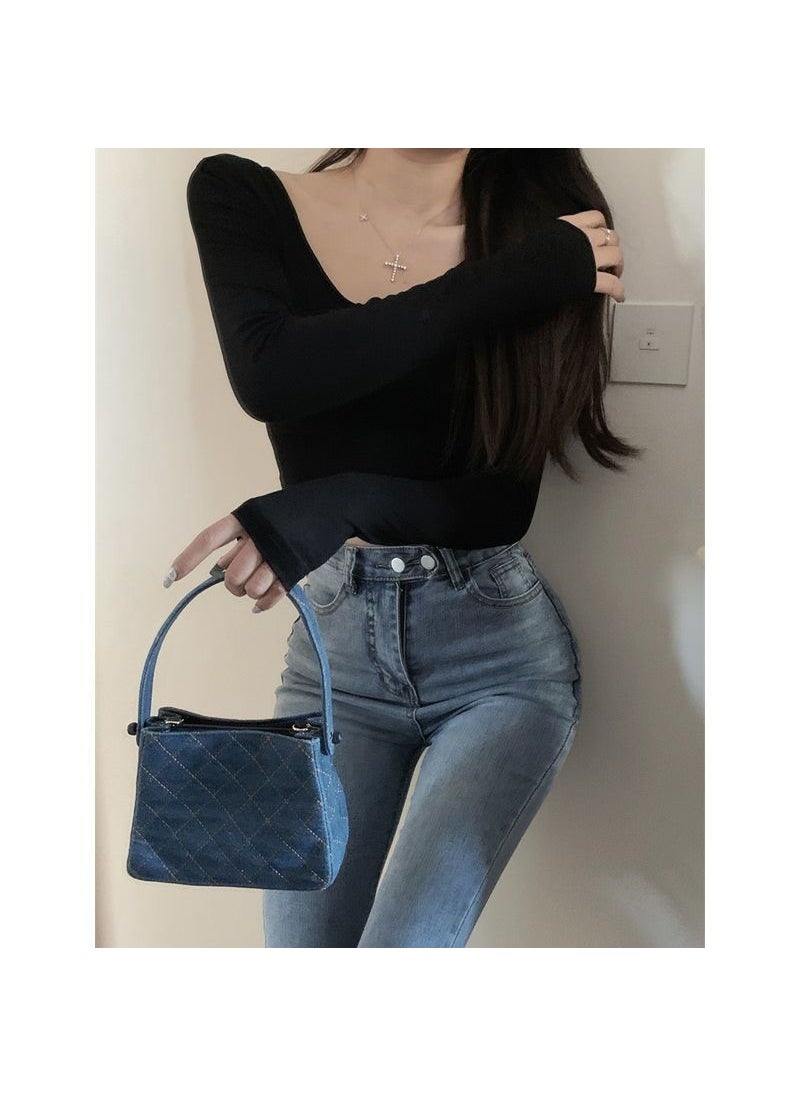 Chic V-Neck Crop Top Long-Sleeve Tee Blue