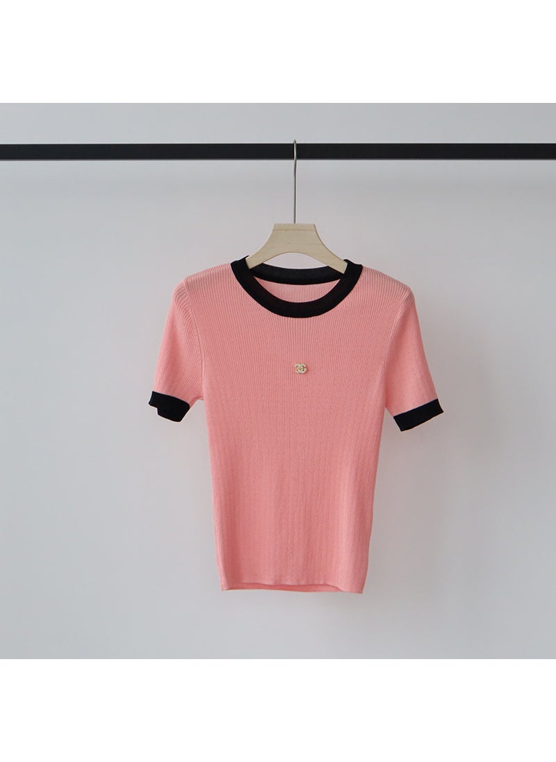 Lyocell High-End Contrast Knit Tee Slim Fit Summer Pink