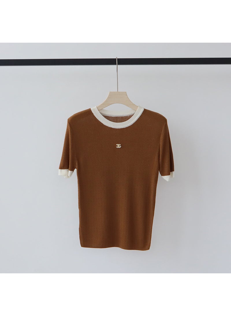 Lyocell High-End Contrast Knit Tee Slim Fit Summer Brown