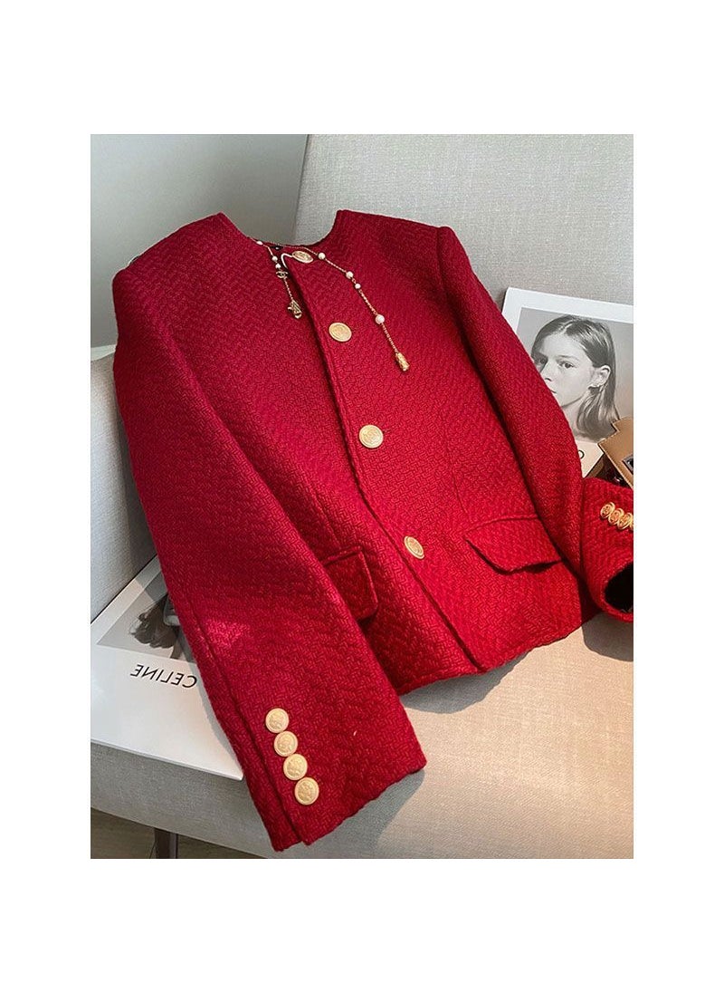 Spring 2023 French Red Chic Crop Jacket Women Red