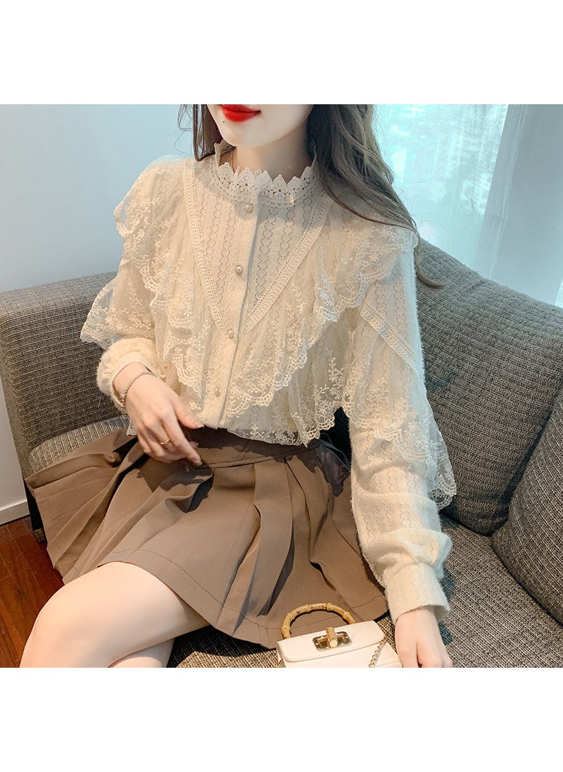 Versatile Long-Sleeve Lace Blouse Autumn 2023 Khaki