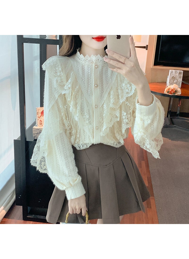 Versatile Long-Sleeve Lace Blouse Autumn 2023 Khaki