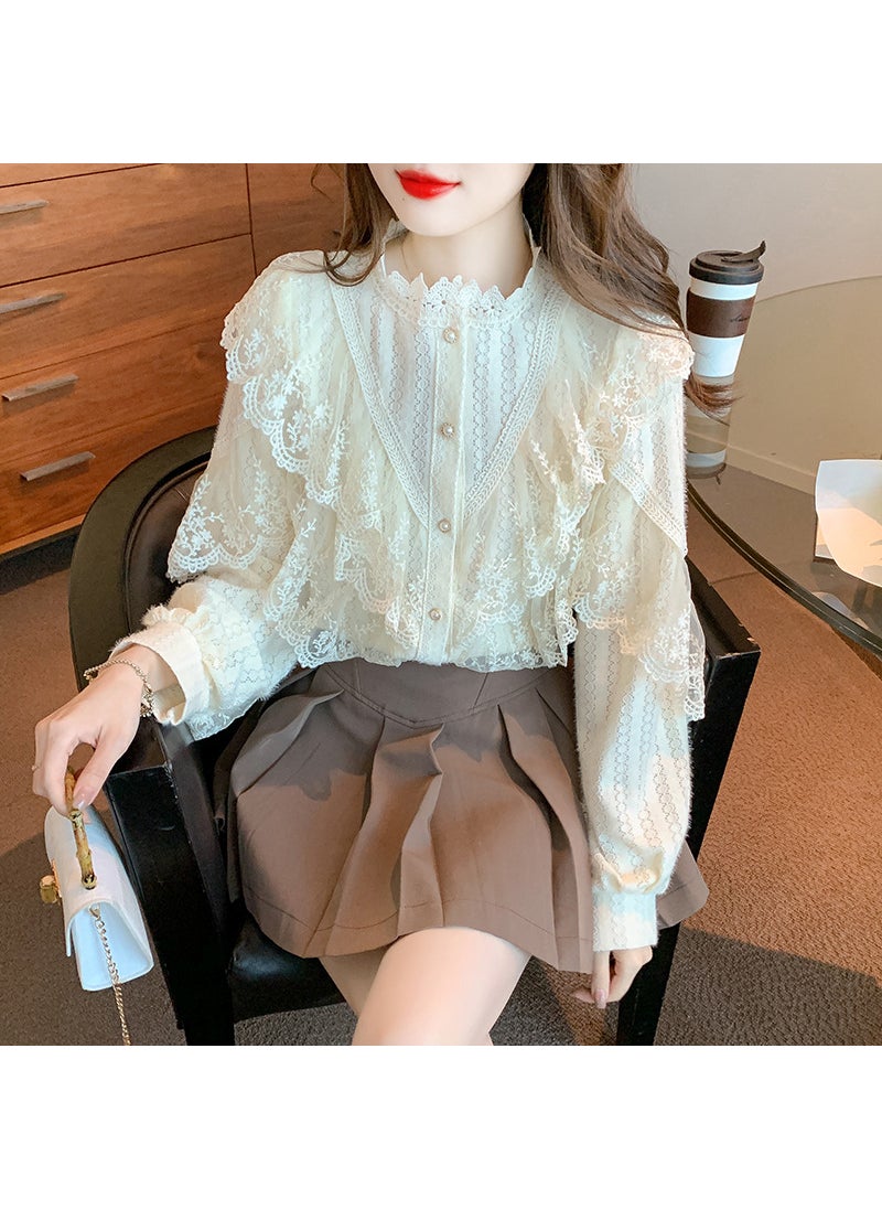 Versatile Long-Sleeve Lace Blouse Autumn 2023 Khaki