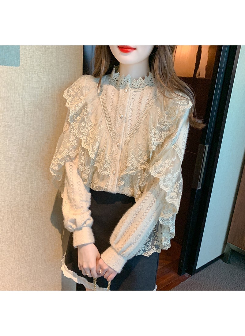 Versatile Long-Sleeve Lace Blouse Autumn 2023 Khaki