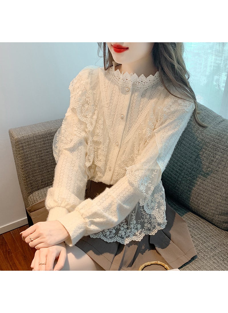 Versatile Long-Sleeve Lace Blouse Autumn 2023 Khaki