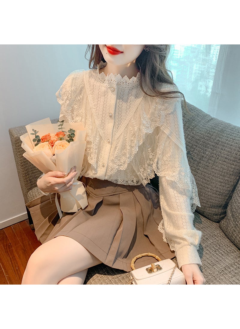 Versatile Long-Sleeve Lace Blouse Autumn 2023 Khaki