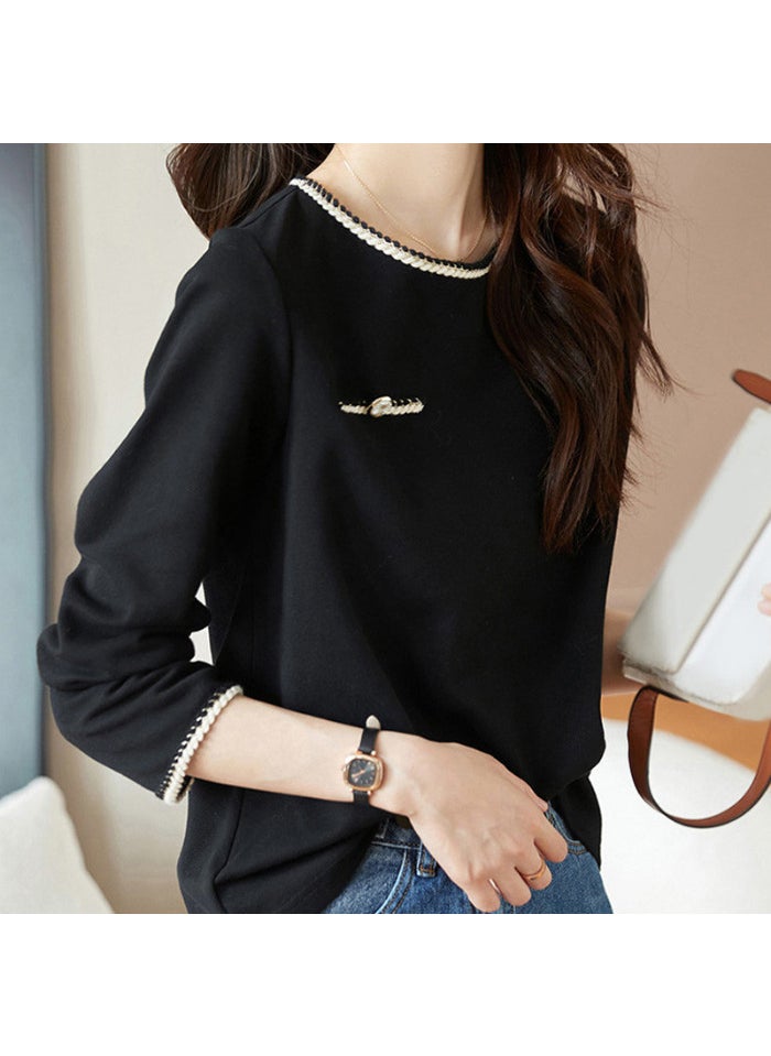 2024 Spring Autumn Chic Fishbone Tee for Petite Women Black