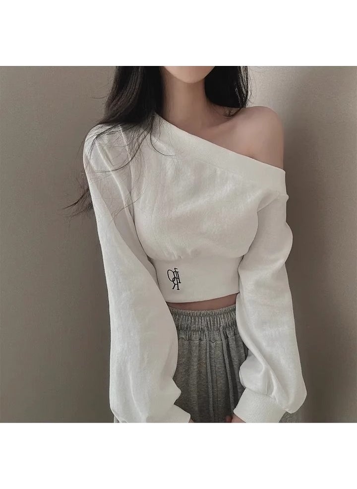 Off-Shoulder Embroidered Crop Sweatshirt White