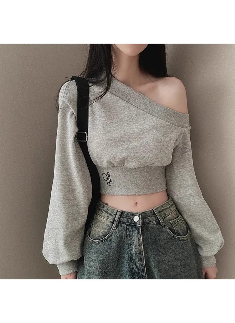 Off-Shoulder Embroidered Crop Sweatshirt White