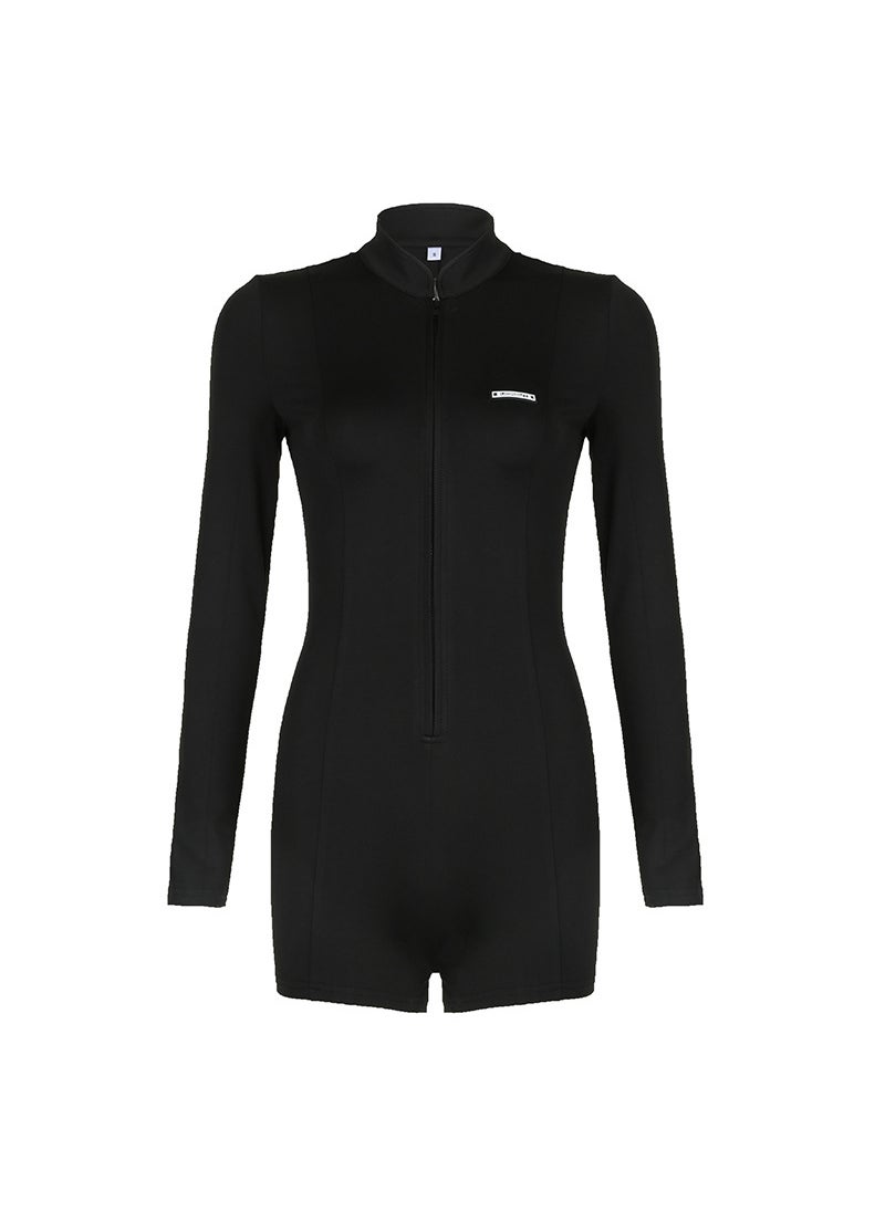 Streetwear Sharkskin Bodysuit with Zip Collar Black