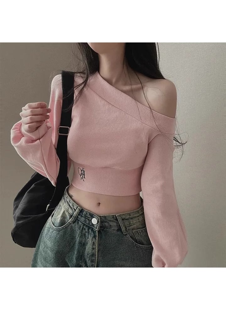 Off-Shoulder Embroidered Crop Sweatshirt Pink