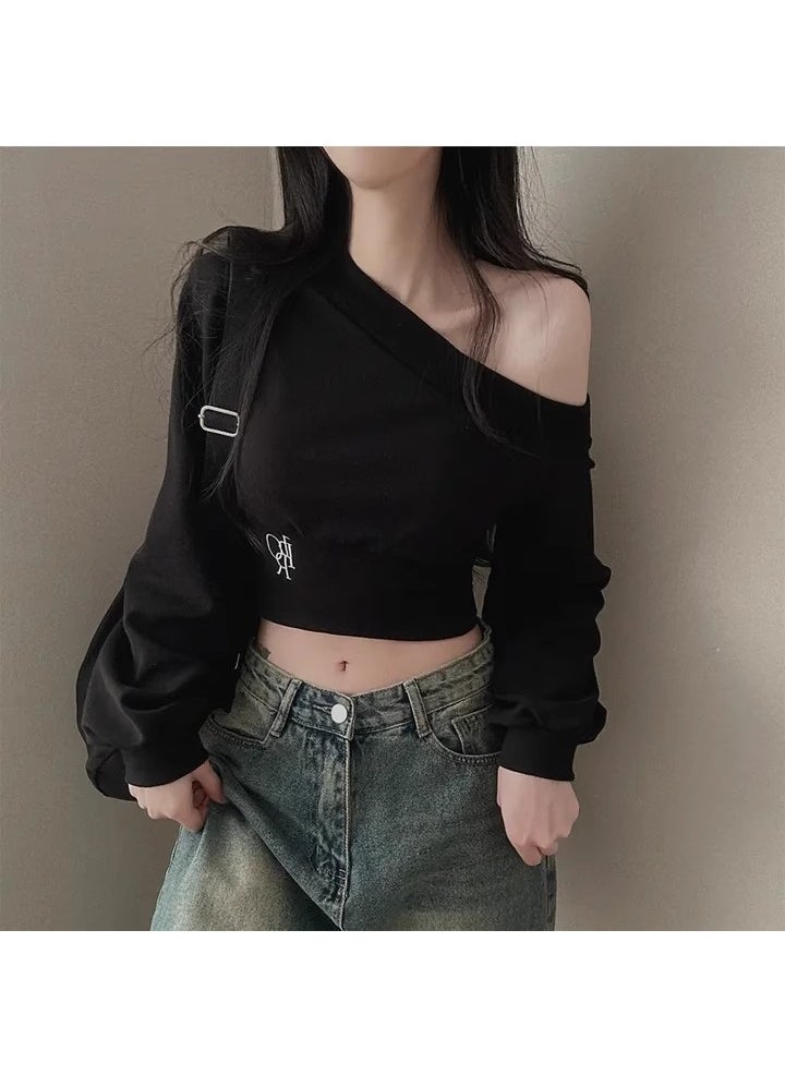 Off-Shoulder Embroidered Crop Sweatshirt Gray