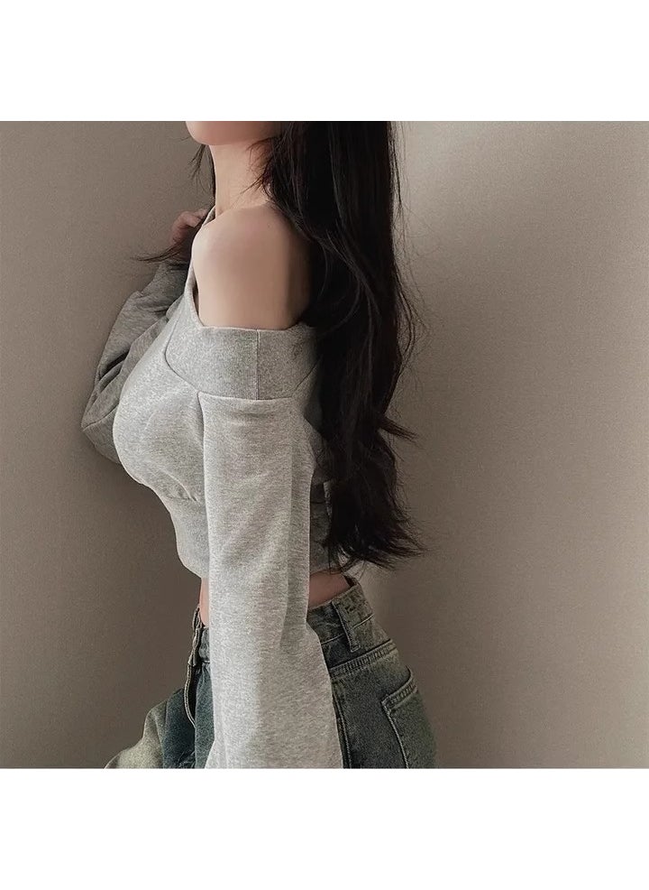 Off-Shoulder Embroidered Crop Sweatshirt Gray