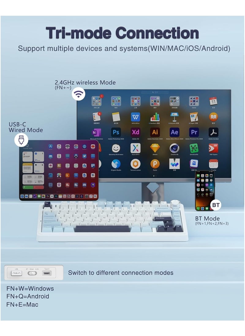 AULA F75 75% Wireless Mechanical Custom Keyboard, Tri-Mode Connection Gasket Gaming Keyboard, RGB Hot Swappable Keyboard (Ice Vein Switch)