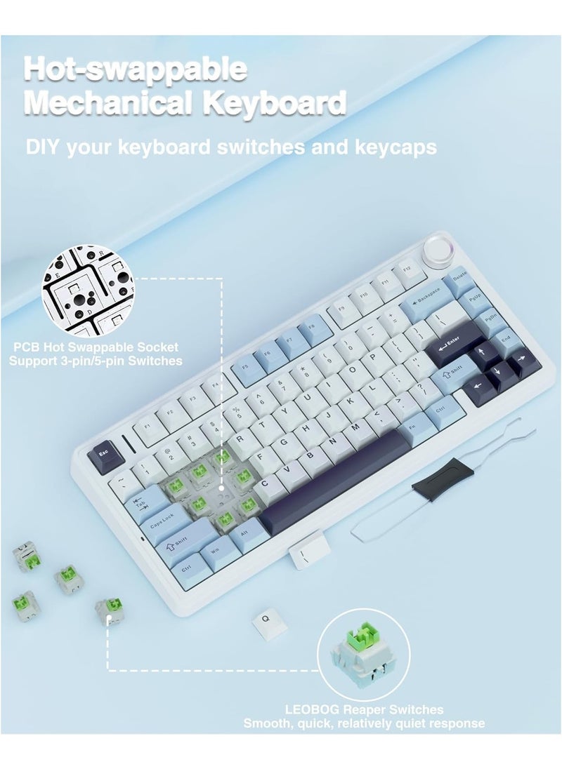 AULA F75 75% Wireless Mechanical Keyboard,Gasket Hot Swappable Custom Keyboard,Pre-lubed Reaper Switches RGB Backlit Gaming Keyboard,2.4GHz/Type-C/BT5.0 Mechanical Keyboard (Ice Vein switch White & Blue)