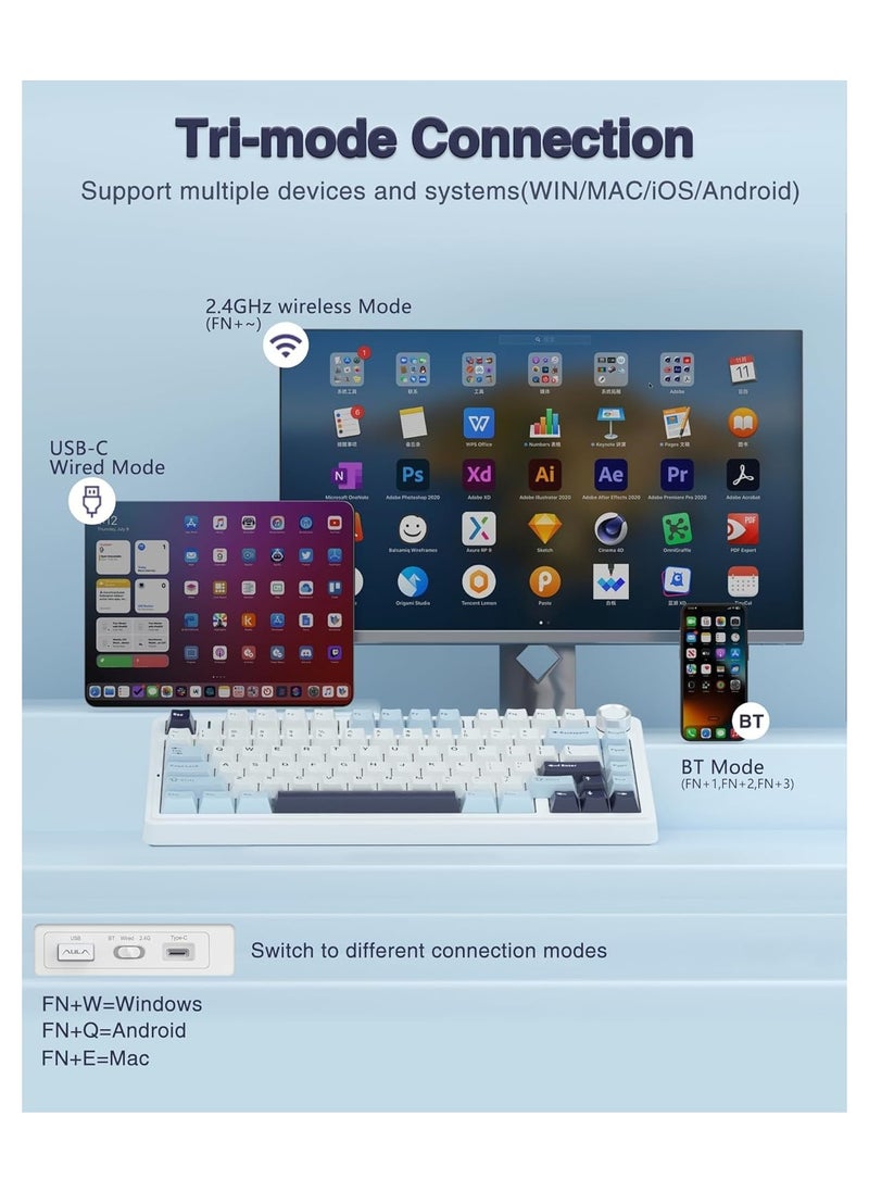 AULA F75 75% Wireless Mechanical Keyboard,Gasket Hot Swappable Custom Keyboard,Pre-lubed Reaper Switches RGB Backlit Gaming Keyboard,2.4GHz/Type-C/BT5.0 Mechanical Keyboard (Ice Vein switch White & Blue)