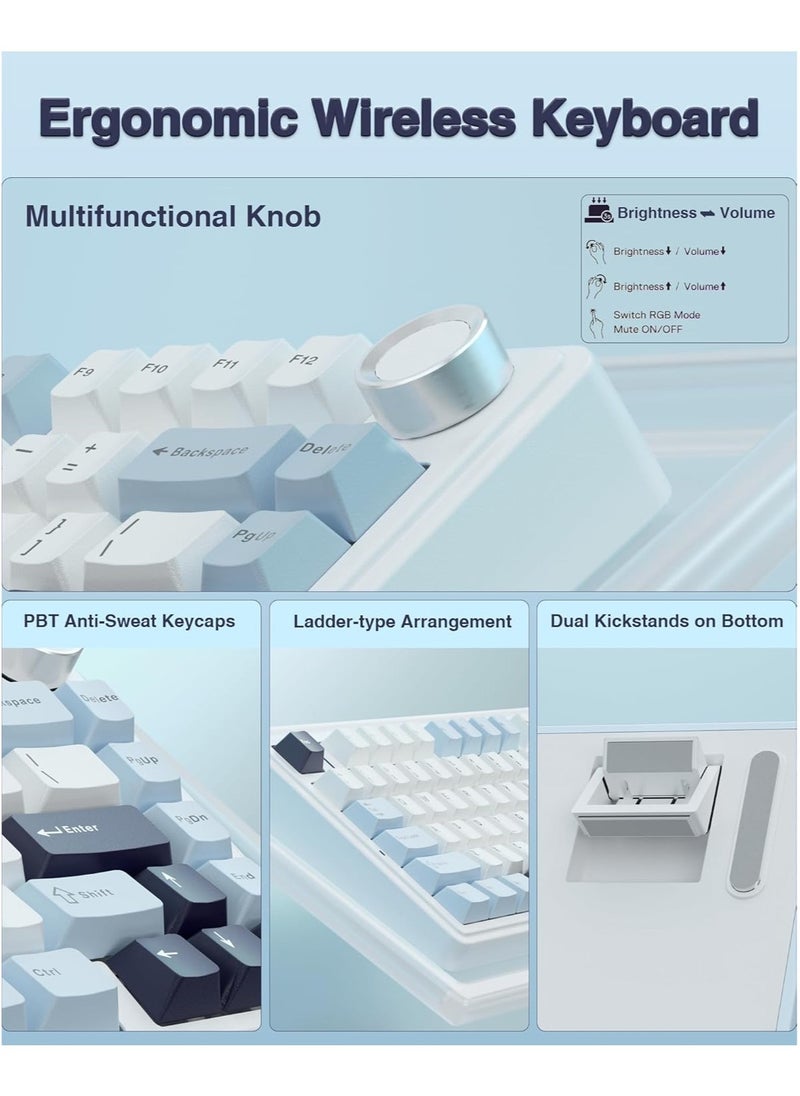 AULA F75 75% Wireless Mechanical Keyboard,Gasket Hot Swappable Custom Keyboard,Pre-lubed Reaper Switches RGB Backlit Gaming Keyboard,2.4GHz/Type-C/BT5.0 Mechanical Keyboard (Ice Vein switch White & Blue)