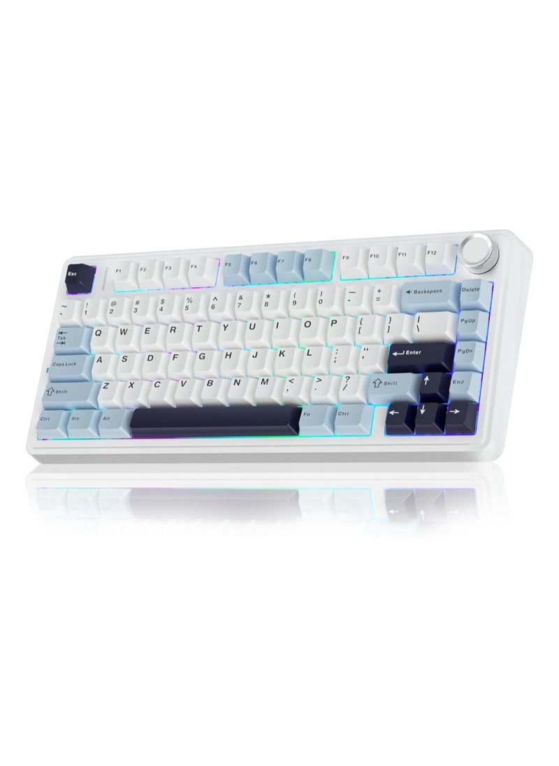 AULA F75 75% Wireless Mechanical Keyboard,Gasket Hot Swappable Custom Keyboard,Pre-lubed Reaper Switches RGB Backlit Gaming Keyboard,2.4GHz/Type-C/BT5.0 Mechanical Keyboard (Ice Vein switch White & Blue)