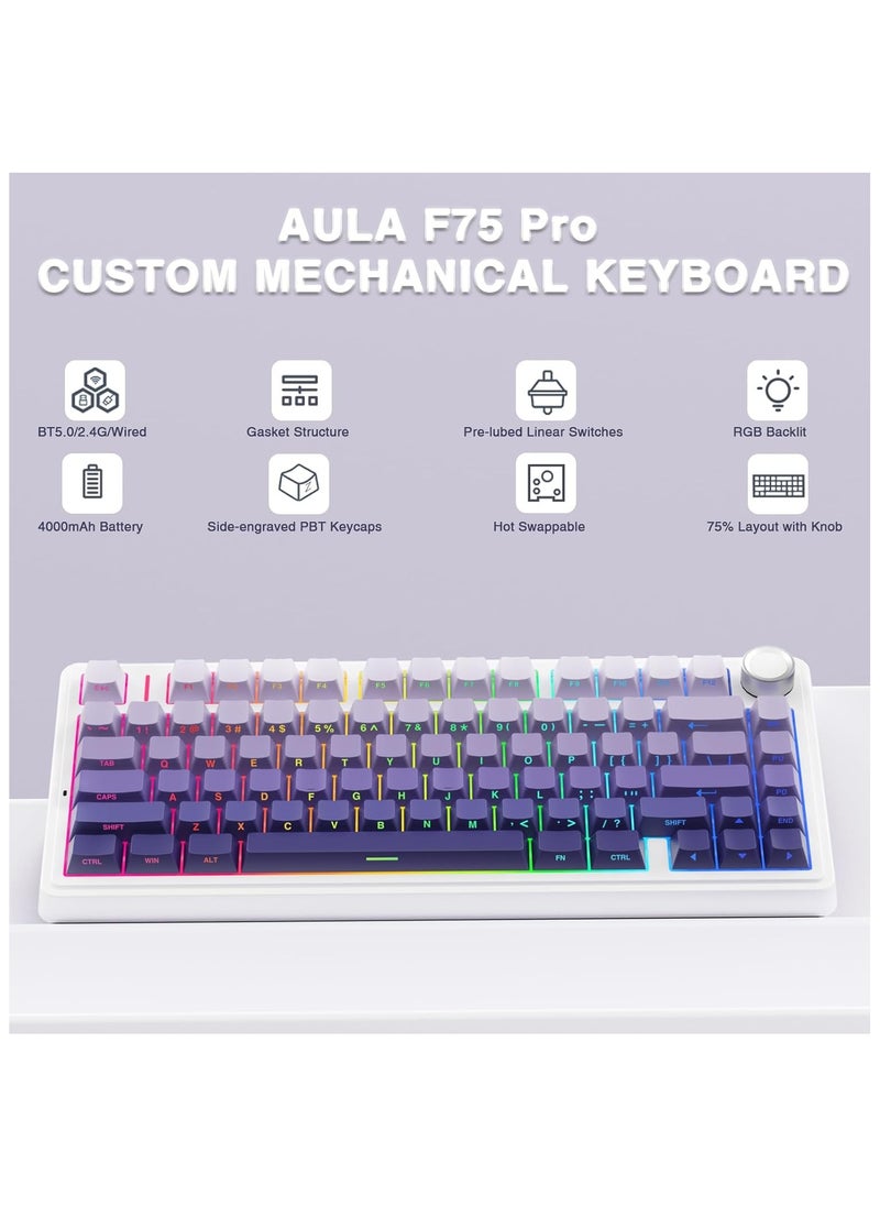 AULA F75 75% Wireless Mechanical Keyboard,2.4Ghz/Type-C/BT5.0 Mechanical Keyboard,Side Engraved Gasket Hot Swappable Custom Keyboard,Pre-lubed Linear Switches RGB Backlit Gaming Keyboard(Star Vector Switch - Purple)