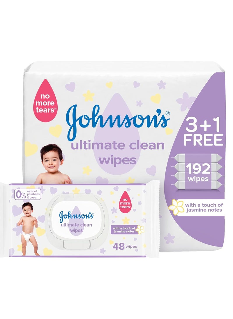 Johnson's Baby Wipes 3 +1 Packs of 48 Wipes 192 Pices