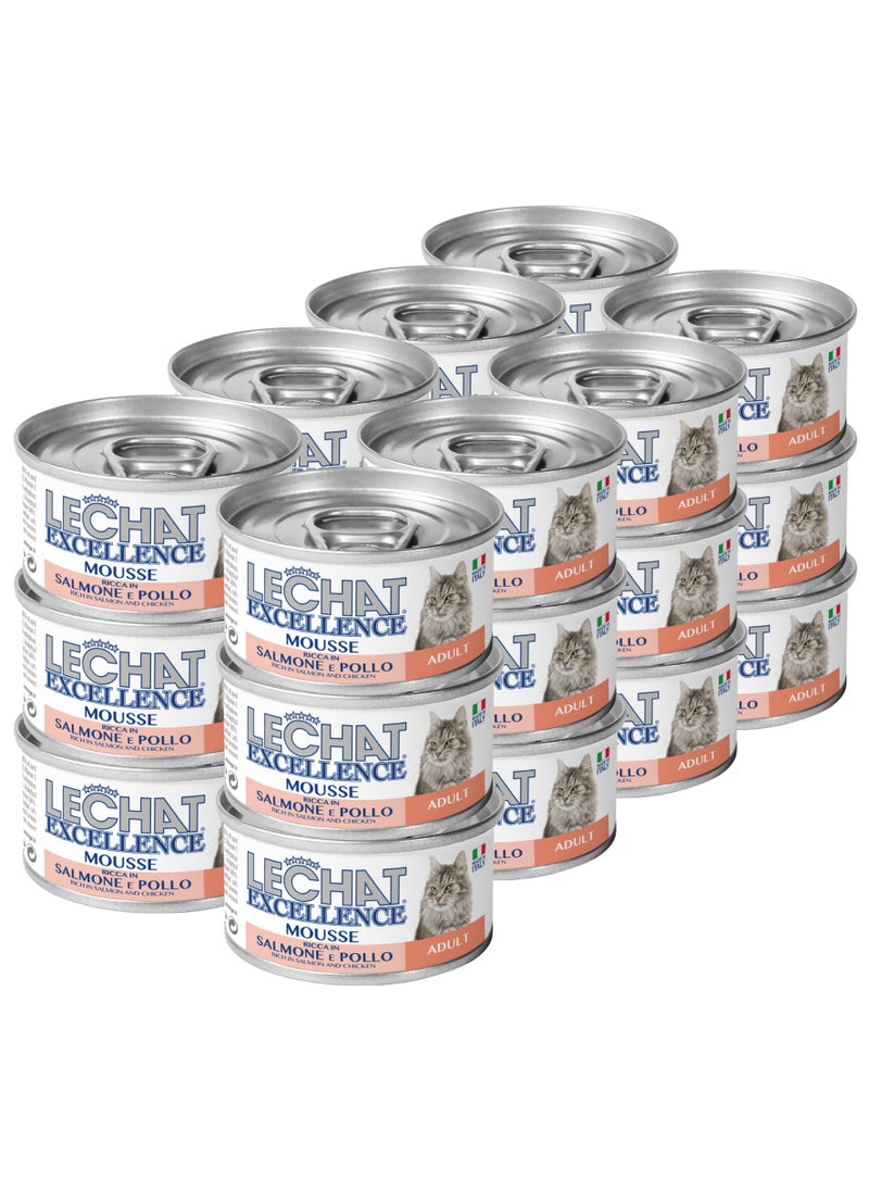 Lechat Excellence by Monge | Cat Wet Food Rich in Salmon and Chicken | Super Premium Complementary Wet Cat Food | Mousse in Can- Pack of 24x85g