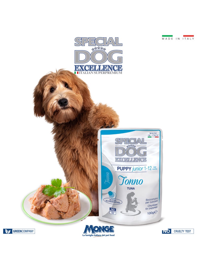 Special Dog Excellence by Monge | Puppy & Junior Dog Wet Food with Tuna | Super Premium Complementary Wet Puppy Food | Chunkies in Pouch - Pack of 24x100g