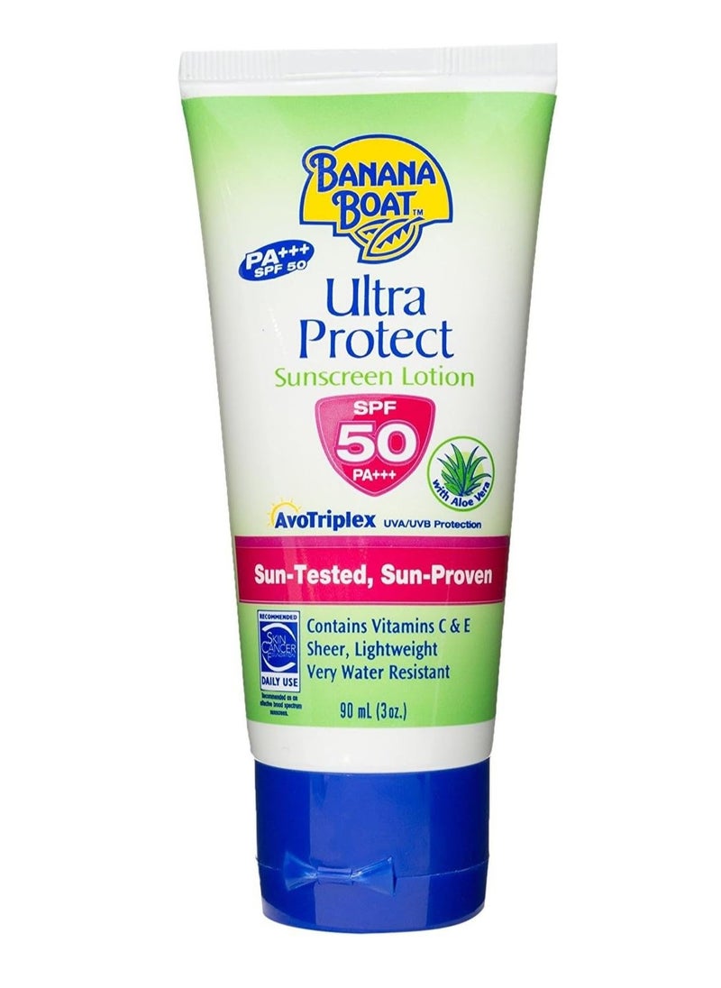 Ultra Protect Sunscreen Lotion SPF 50 Sun Tented Sun Proven with Vitamin E and C Aloe Vera Lightweight Water Resistant 90ml