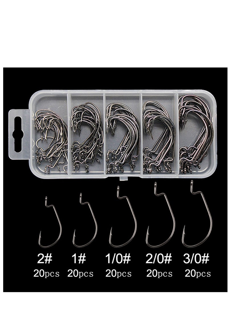 100 Pcs Fishing Hooks, High Carbon Steel Offset Worm Hooks with Plastic Box, Strong Sharp Soft Bait Jig Fish Hooks with Barbs for Bass Freshwater Saltwater