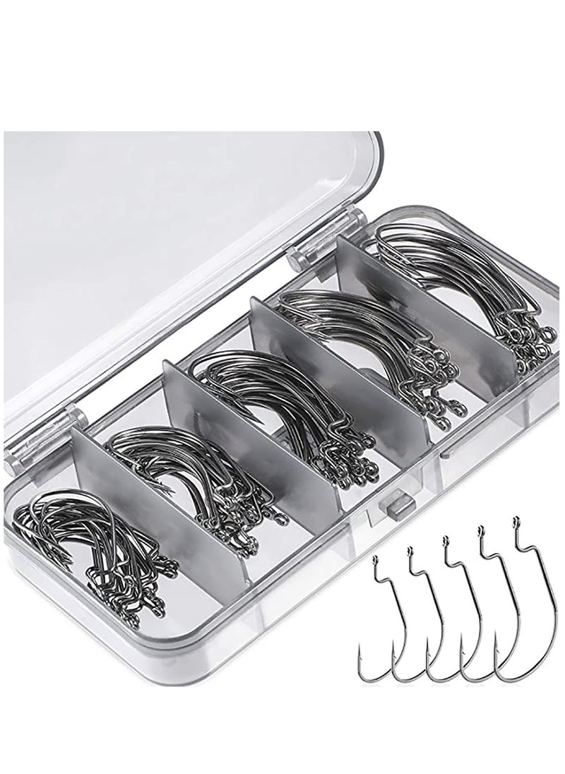 100 Pcs Fishing Hooks, High Carbon Steel Offset Worm Hooks with Plastic Box, Strong Sharp Soft Bait Jig Fish Hooks with Barbs for Bass Freshwater Saltwater