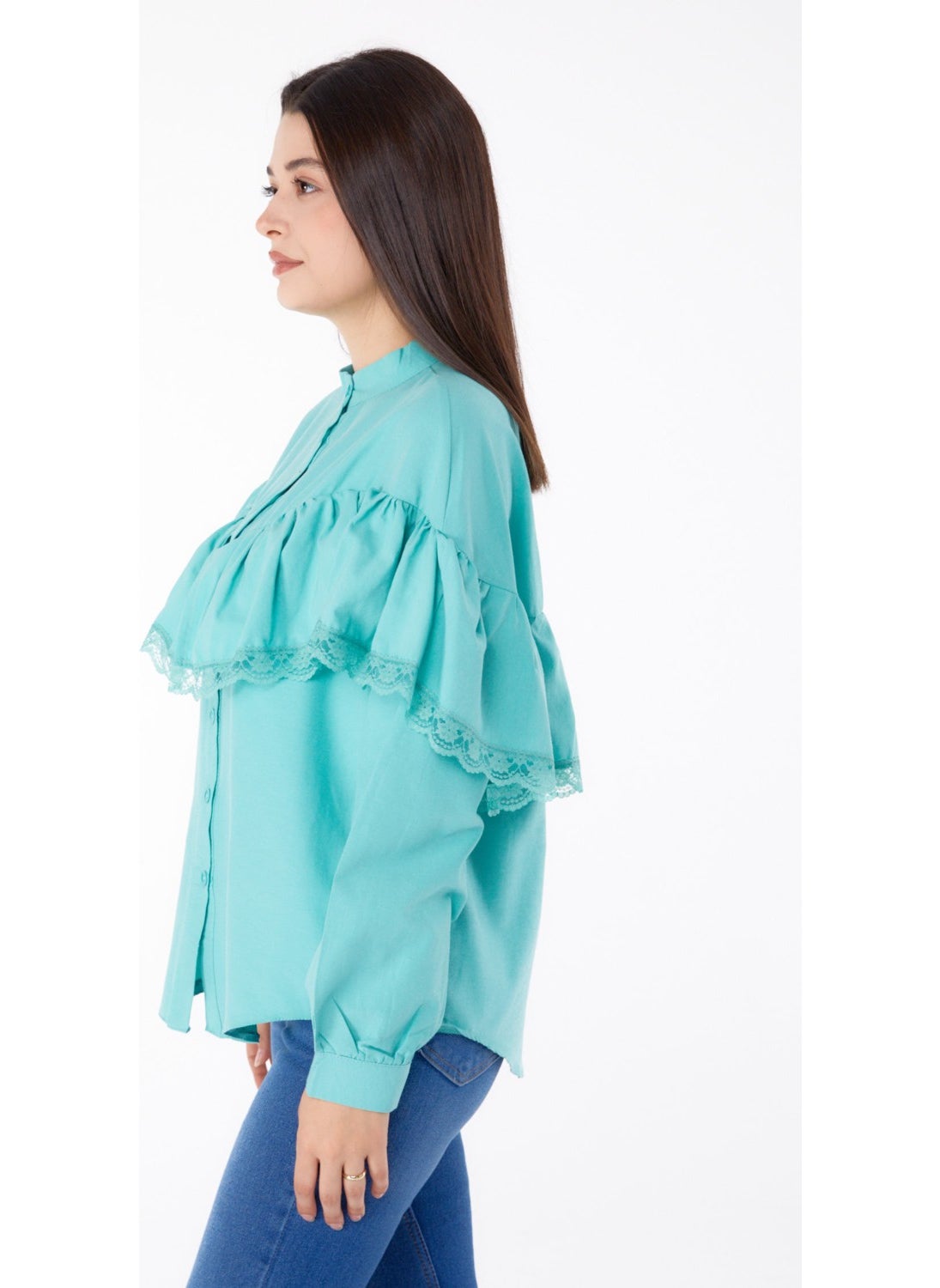 Plain Judge Collar Women's Green Lace Shirt - 25683