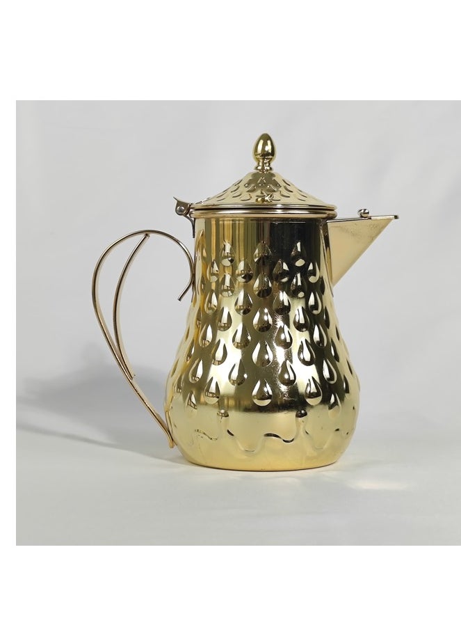 Classic Arabic Style Water Drop Pattern Coffee Dallah Pot Rustproof Premium Stainless Steel Teapot Mirror Finish Coffee Kettle Easy Pour Spout Tea Kettle with Hinged Lid and Ergonomic Handle Dishwasher Safe Induction Safe Teapot for Office Home 2L