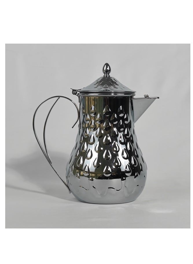 Classic Arabic Style Water Drop Pattern Coffee Dallah Pot Rustproof Premium Stainless Steel Teapot Mirror Finish Coffee Kettle Easy Pour Spout Tea Kettle with Hinged Lid and Ergonomic Handle Dishwasher Safe Induction Safe Teapot for Office Home 2L