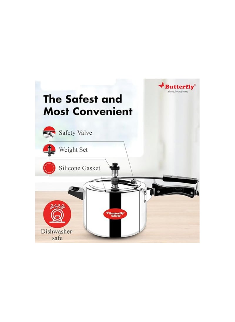 Butterfly Orchid 6 Litres Pressure Cookers | Inner Lid | Superior Stainless Steel | Induction & Gas Stove Compatible | ISI Certified | 5 Years Manufacturer's Warranty | Silver