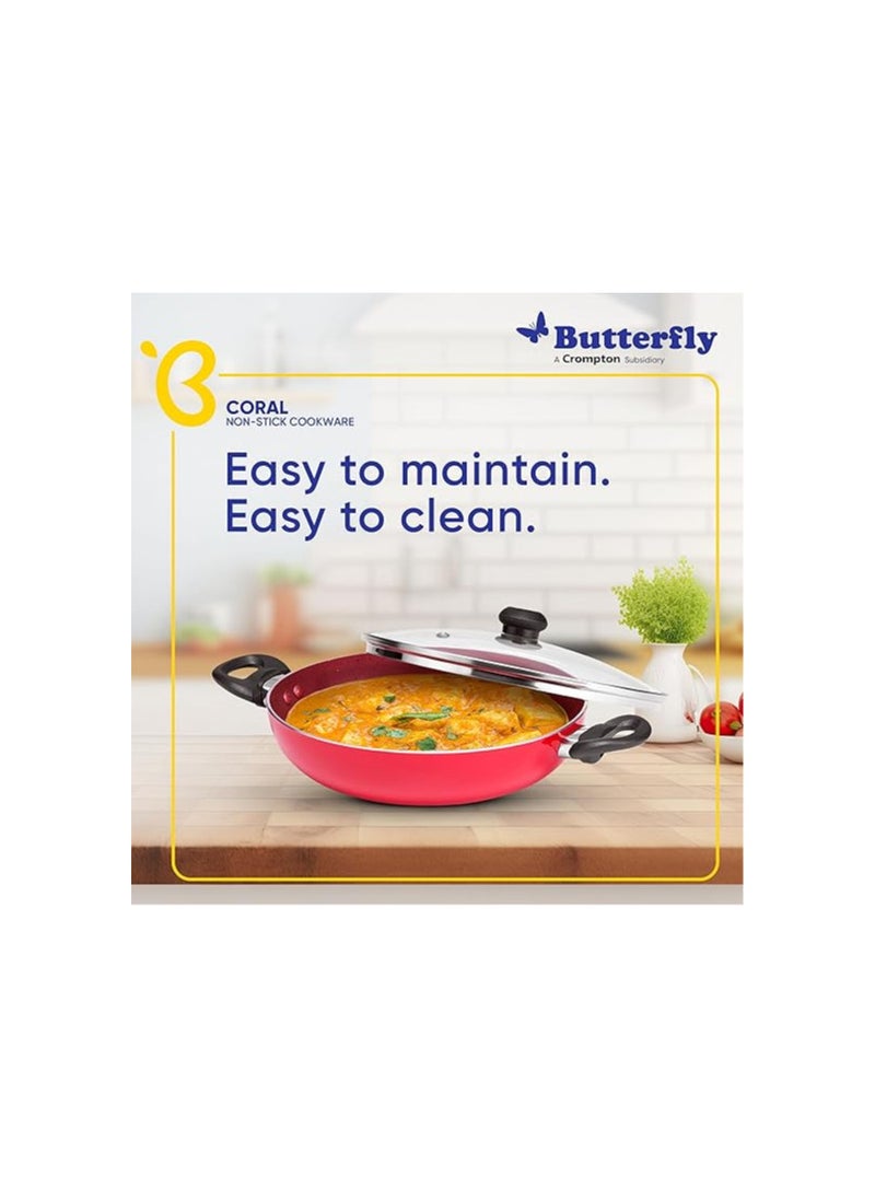 Butterfly Coral DLX KCP 3 Non Stick Cookware Set | Tawa 250MM, Fry Pan 240MM, Kadai 240MM | Gas Stove Compatible| Premium Virgin Aluminum | PFOA Free | Scratch Resistant | Velvet Red