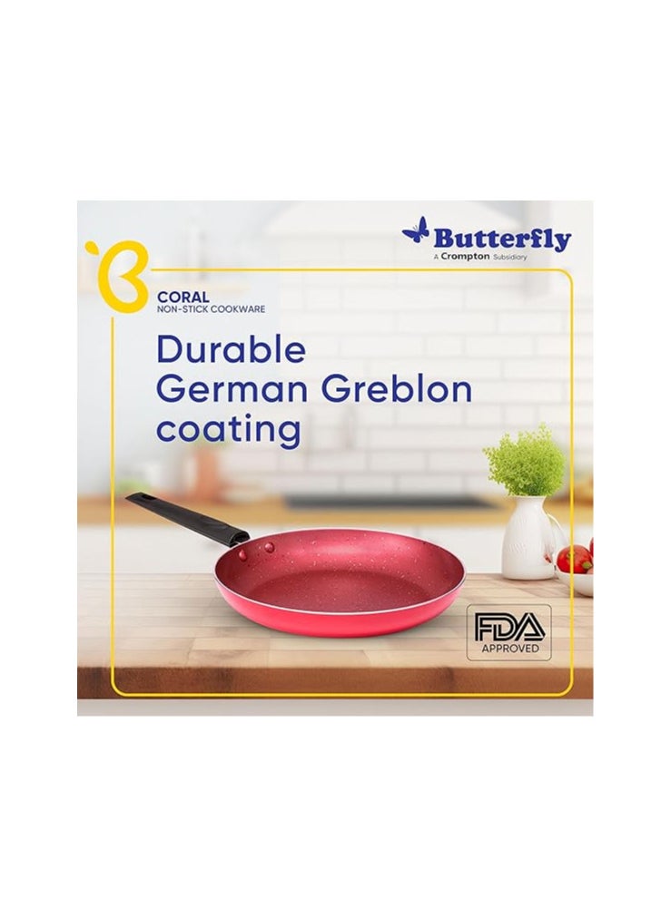 Butterfly Coral DLX KCP 3 Non Stick Cookware Set | Tawa 250MM, Fry Pan 240MM, Kadai 240MM | Gas Stove Compatible| Premium Virgin Aluminum | PFOA Free | Scratch Resistant | Velvet Red