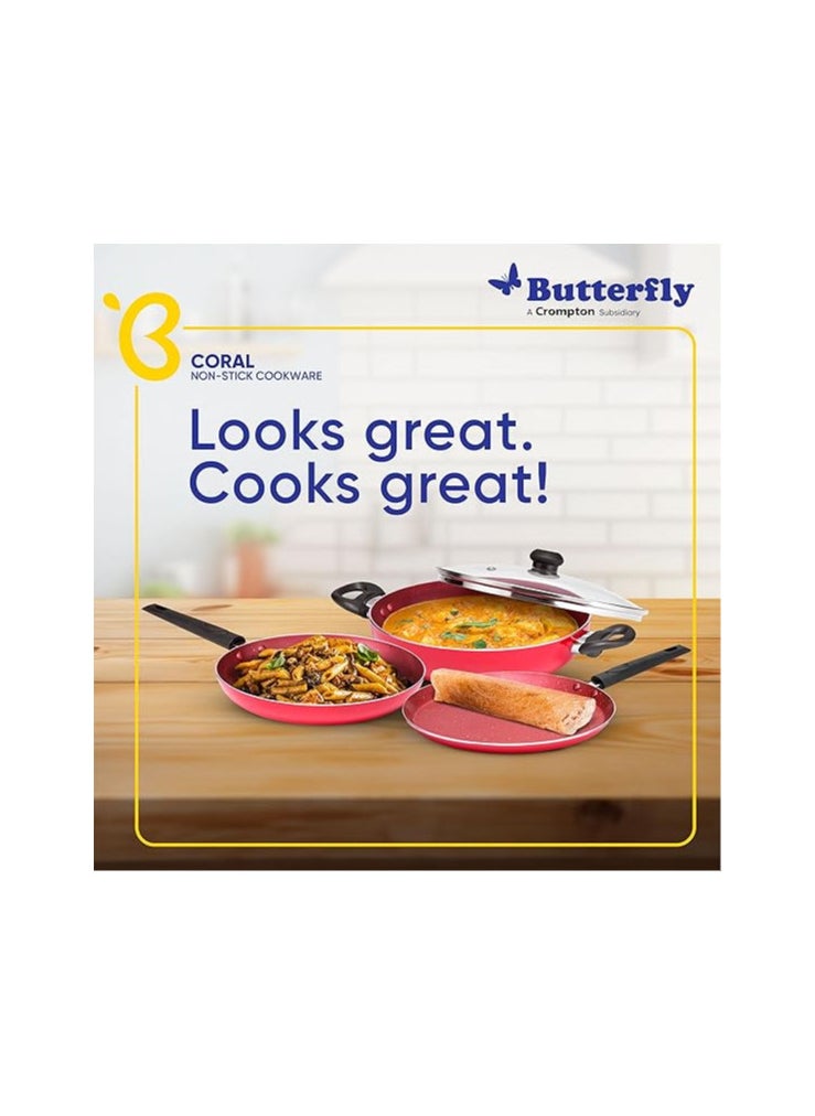 Butterfly Coral DLX KCP 3 Non Stick Cookware Set | Tawa 250MM, Fry Pan 240MM, Kadai 240MM | Gas Stove Compatible| Premium Virgin Aluminum | PFOA Free | Scratch Resistant | Velvet Red