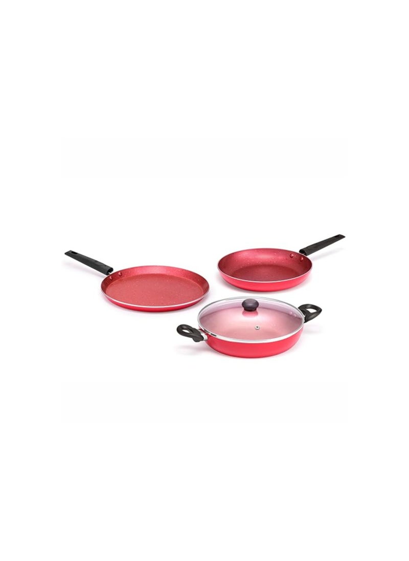 Butterfly Coral DLX KCP 3 Non Stick Cookware Set | Tawa 250MM, Fry Pan 240MM, Kadai 240MM | Gas Stove Compatible| Premium Virgin Aluminum | PFOA Free | Scratch Resistant | Velvet Red