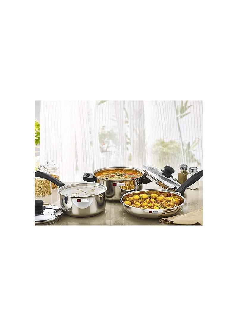 Butterfly Stainless Steel Cookware Set with Sauce Pan, Fry Pan and Induction Bowl with lid, 3 Pcs Set, Silver, Standard (COOKWARE Set-3 PCS.)