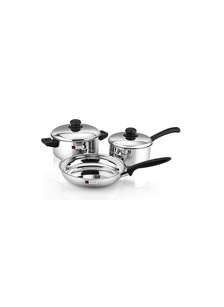 Butterfly Stainless Steel Cookware Set with Sauce Pan, Fry Pan and Induction Bowl with lid, 3 Pcs Set, Silver, Standard (COOKWARE Set-3 PCS.)