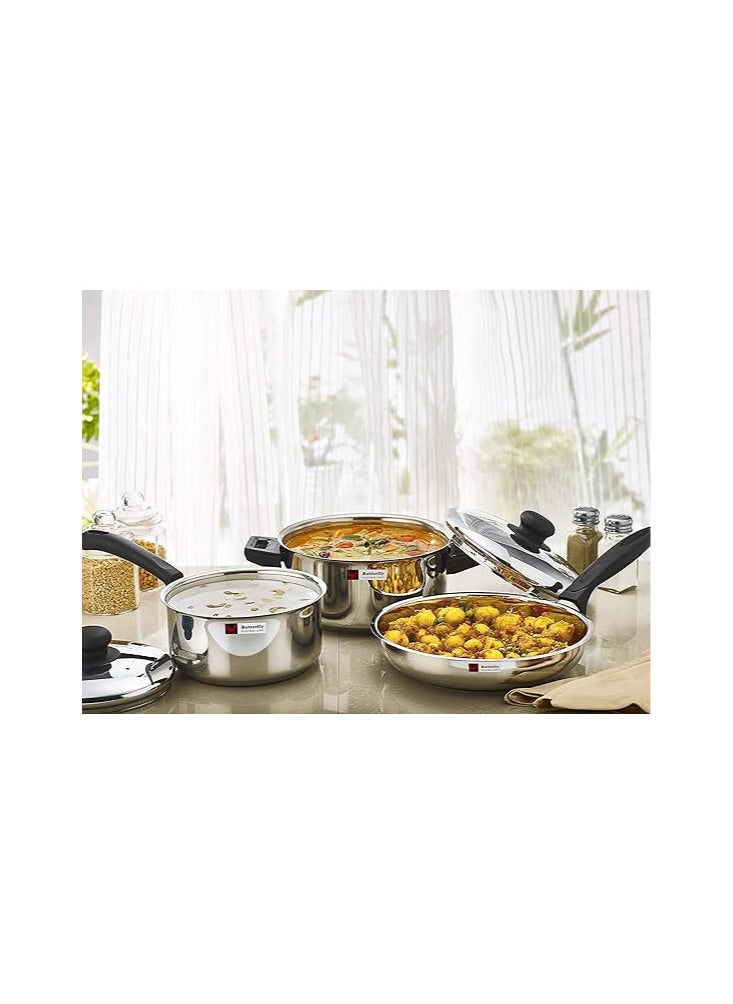 Butterfly Stainless Steel Cookware Set with Sauce Pan, Fry Pan and Induction Bowl with lid, 3 Pcs Set, Silver, Standard (COOKWARE Set-3 PCS.)